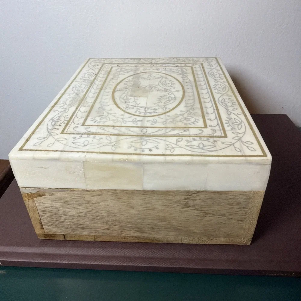 Vintage Wood White Tile Inlay Floral Lid Keepsake Box Boho 8.25'' x 6.25''